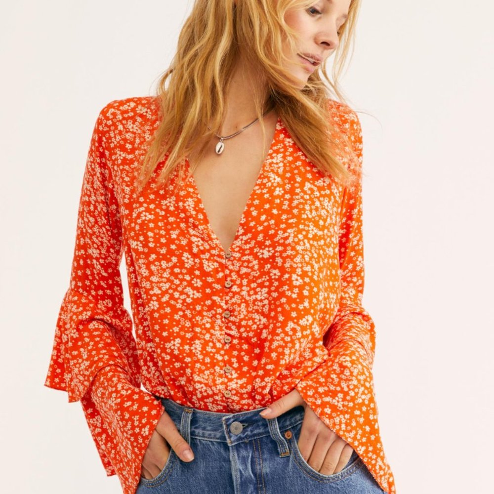 Free People Orange Floral V-Neck Bodysuit